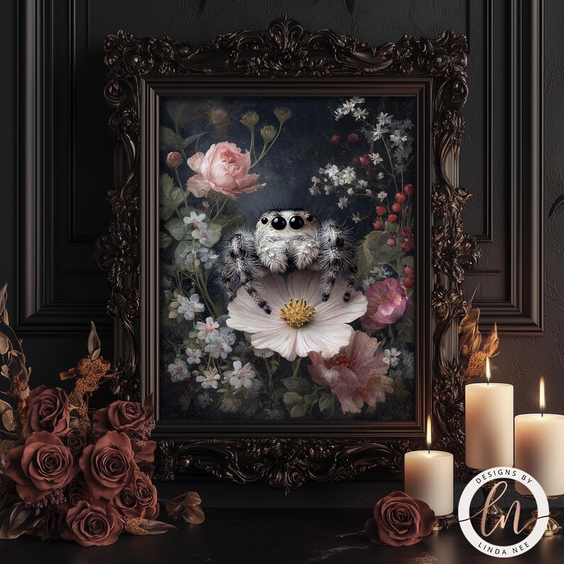a framed painting of a spider sitting on a flower, surrounded by a floral arrangement and candles.