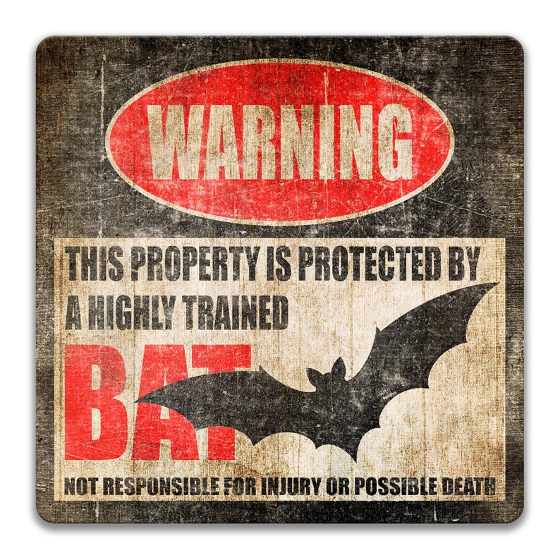 Funny Bat Warning Sign, Wildlife Humor Decor, Gothic Animal Metal Art ...