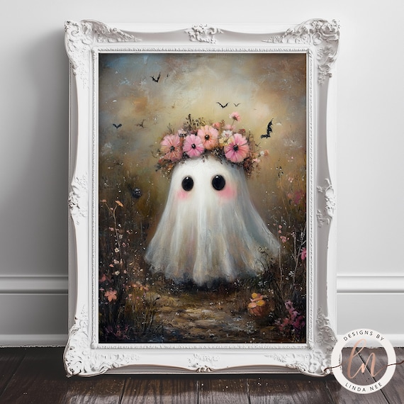 Cute Ghost Wall Art Print, Flower Crown Ghost Painting, Whimsical Halloween Decor, Cottagecore Spooky Art, Pastel Gothic Nursery Print