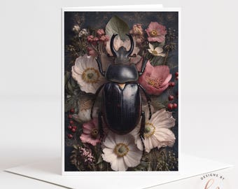Midnight Rhinoceros Beetle Greeting Card, Dark Academia Botanical Stationery, Moody Insect Note Card