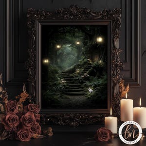 a dark, mysterious forest scene with a winding path leading through the dense foliage. A small rabbit can be seen in the distance, adding a touch of life to the otherwise eerie atmosphere. The scene is framed by an ornate, dark wooden frame, and a few lit candles are placed nearby, casting a warm glow and enhancing the overall mood of the image.