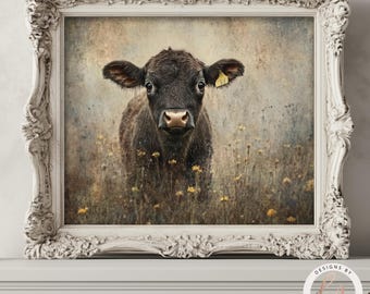 May include: A black and brown calf stands in a field of yellow wildflowers. The calf is looking directly at the camera with a curious expression. The background is a soft, blurred, vintage-style image.