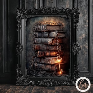 Forbidden Knowledge Painting, Dark Academia Banned Books Wall Art Print, Chained Books and Key, Literary Symbolism, Gothic Library 6-GOT083