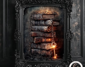 Pintura Conocimiento Prohibido, Lámina de Arte Mural Libros Prohibidos de la Academia Oscura, Libros y Llave Encadenados, Simbolismo Literario, Biblioteca Gótica 6-GOT083