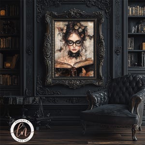 May include: A framed illustration of a woman with butterflies in her hair, reading a book in a dark room with a black leather armchair. The illustration is in a dark, ornate frame.