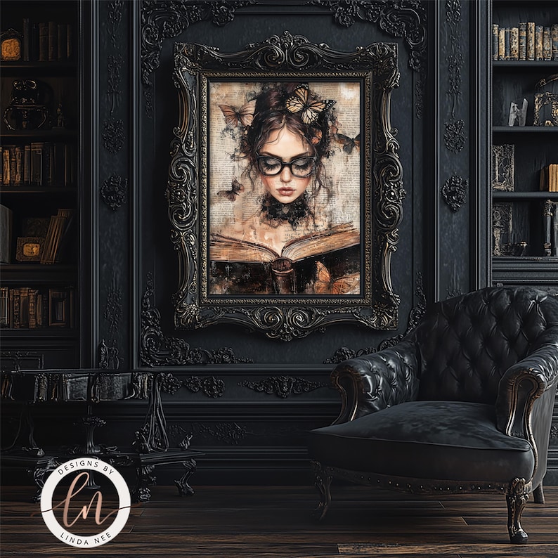 May include: A framed illustration of a woman with butterflies in her hair, reading a book in a dark room with a black leather armchair. The illustration is in a dark, ornate frame.
