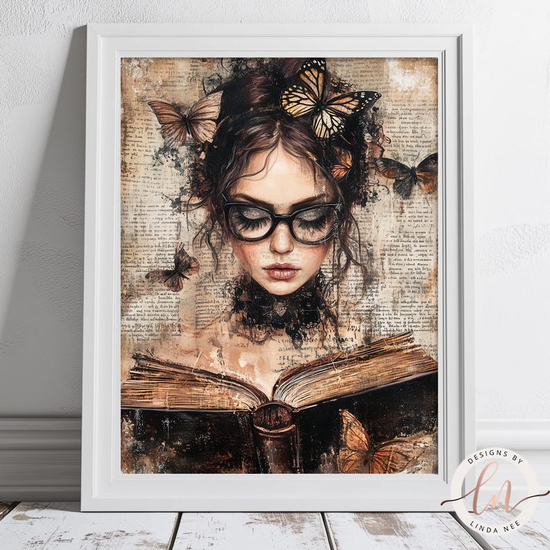 May include: A digital painting of a woman with dark hair and glasses reading a book. The woman is surrounded by butterflies and the background is a vintage newspaper print.