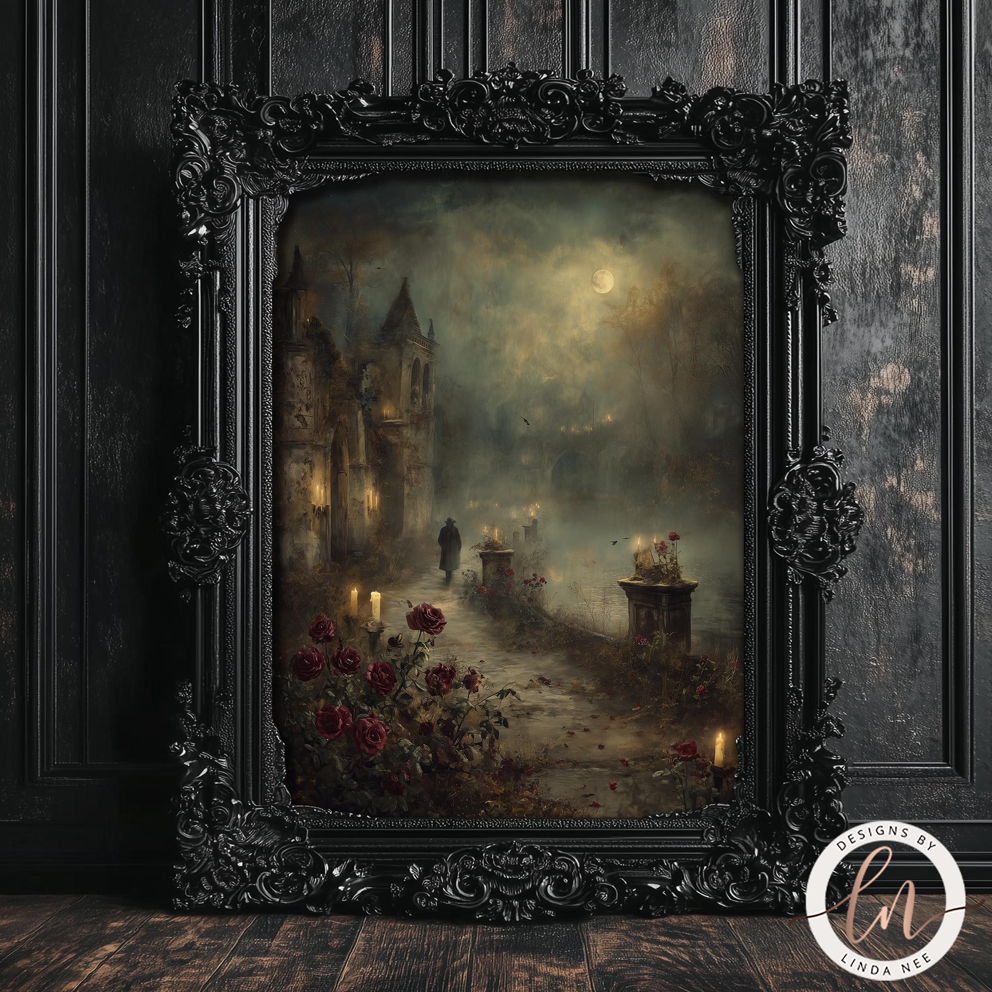 Moonlit Rose Garden Gothic Landscape Print, Castle, Cloaked Figure, and ...