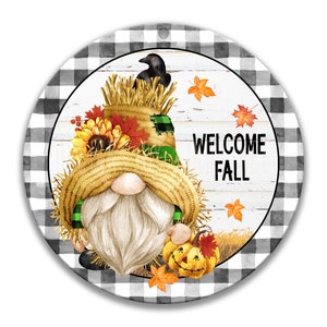 Scarecrow Gnome Welcome Fall Sign, Autumn Gnome Wreath Sign, 3&quot; 8&quot; 12&quot; Circular Gnome Signs, Pumpkin Patch, Fall Gnome Decor 7-FAL008