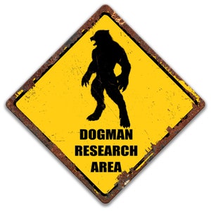 Placa de criptozoologia, decoração criptídica, metamorfo, placa de área de pesquisa Dogman, placa de cuidado Dogman amarela de lata enferrujada, interna e externa 8-ANM019