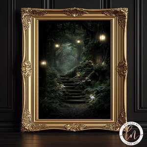 The image is a framed painting depicting a serene forest scene with a winding path leading up to a set of stairs. The painting is framed in an ornate gold frame and is displayed on a dark wall.
