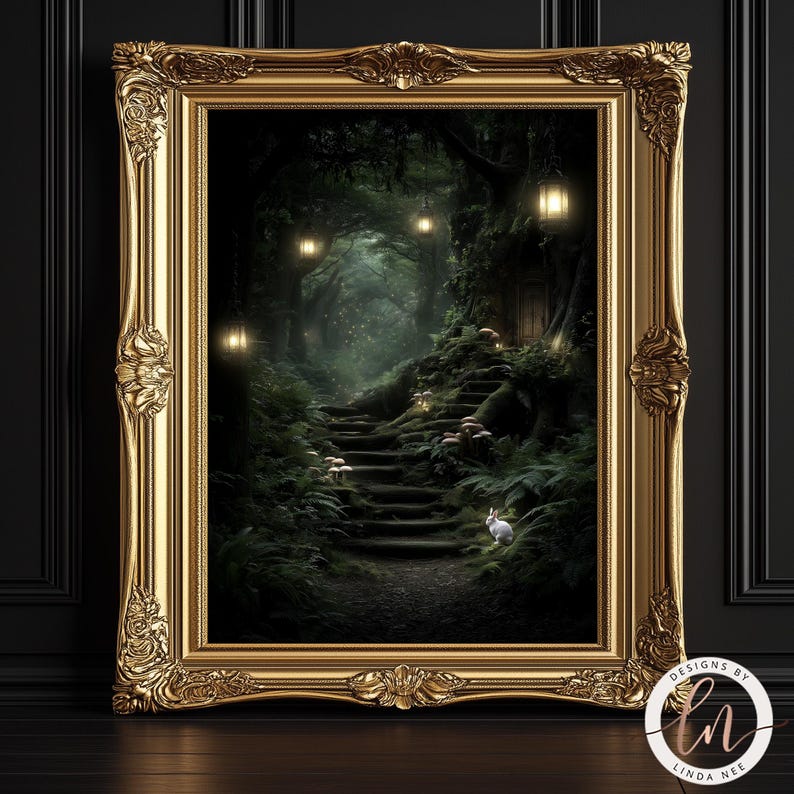 The image is a framed painting depicting a serene forest scene with a winding path leading up to a set of stairs. The painting is framed in an ornate gold frame and is displayed on a dark wall.