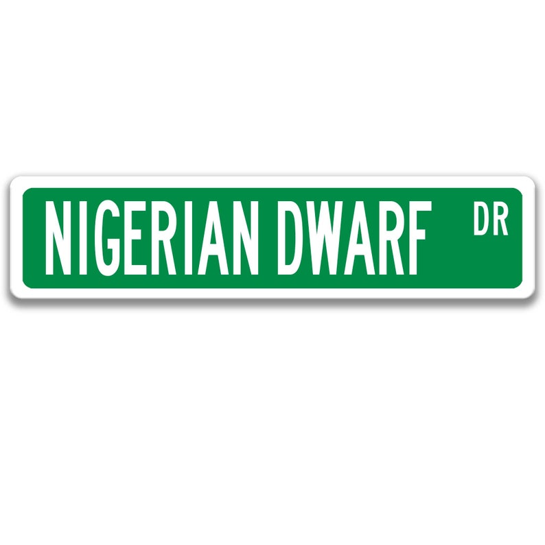 May include: A green street sign with white text that reads "NIGERIAN DWARF DR".