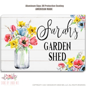 Personalized Garden Shed Sign, Spring Flowers Custom Woman&#39;s Garden Sign, She Shed Gift, Cute Potting Shed Decor F-SHE001