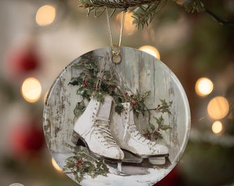 Adorno rústico de patines de hielo: regalo vintage de Navidad con temática de patinaje sobre hielo.