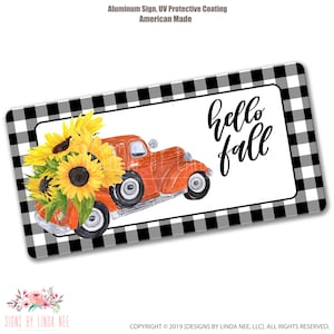 Hallo herfstbord, oranje vrachtwagen gevuld met zonnebloemen, Buffalo plaid deurbord, bord herfstwagenkrans, 6 x 12 inch, herfstdecor SHO29