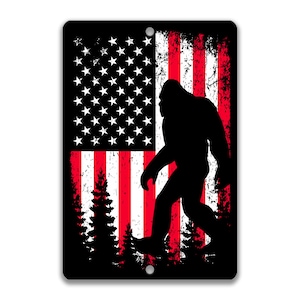 Bigfoot Sign with American Flag, Sasquatch Sign, Bigfoot Flag Sign, Bigfoot Decor, USA, Cryptid Lover Gifts, Metal Sign, Patriotic 8-ANM002