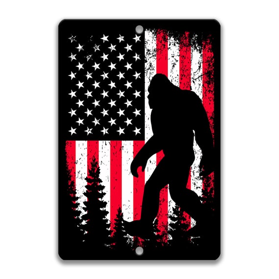 Bigfoot Sign with American Flag, Sasquatch Sign, Bigfoot Flag Sign, Bigfoot Decor, USA, Cryptid Lover Gifts, Metal Sign, Patriotic 8-ANM002