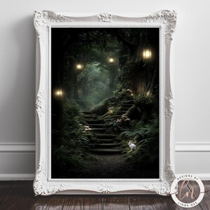 A white-framed painting depicting a serene forest scene with a winding path leading up to a small wooden cabin nestled among the trees, with mushrooms growing on the forest floor.