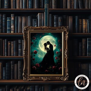 a painting of a couple kissing in front of a bookshelf