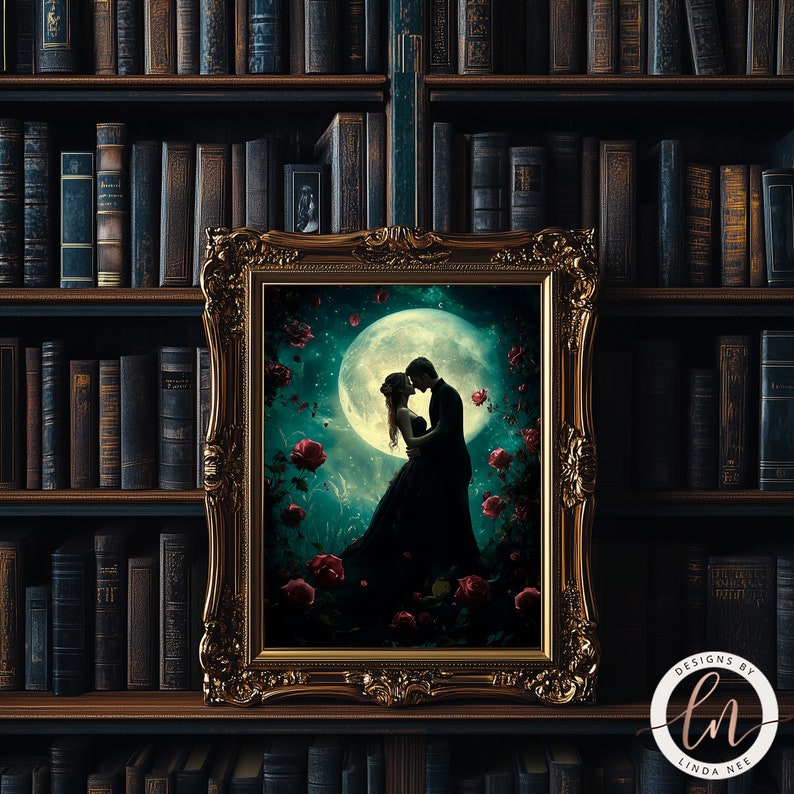 a painting of a couple kissing in front of a bookshelf