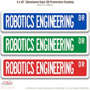 Peut inclure: Trois panneaux en aluminium de 4x18 pouces avec le texte "Robotics Engineering" en lettres blanches sur fond bleu, vert et rouge. Chaque panneau comporte les lettres "DR" en blanc sur le côté droit.