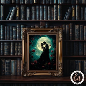 a painting of a couple kissing in front of a bookshelf
