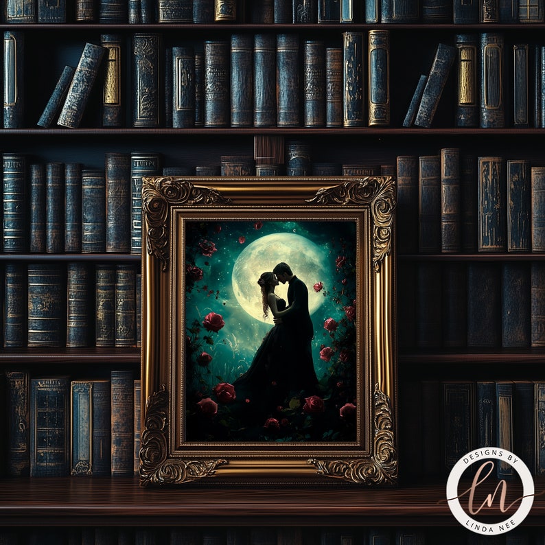 a painting of a couple kissing in front of a bookshelf