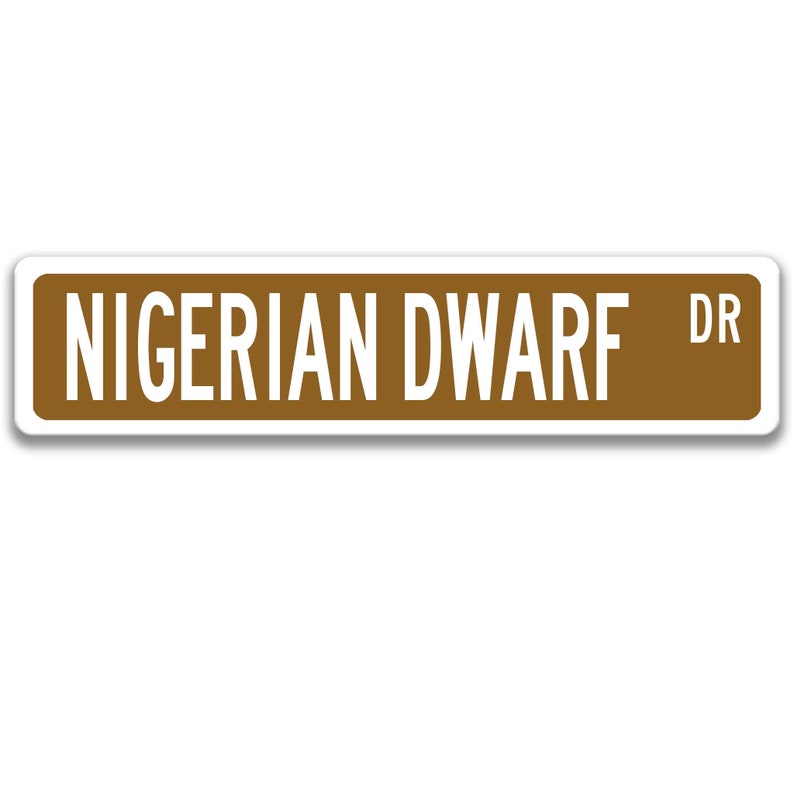 May include: A brown street sign with white text that reads "NIGERIAN DWARF DR".