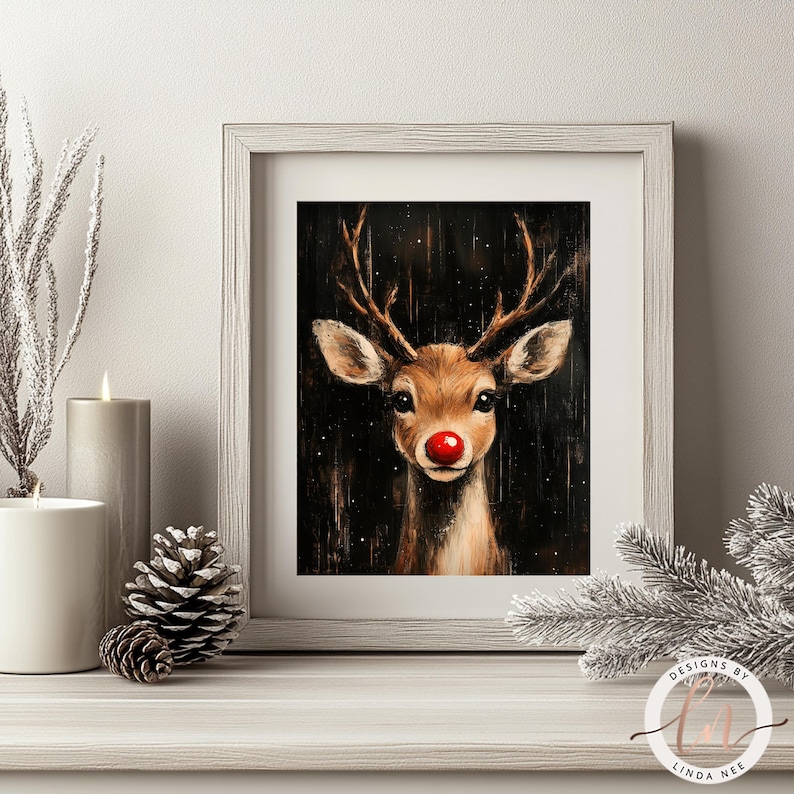 a picture of a deer with a red nose