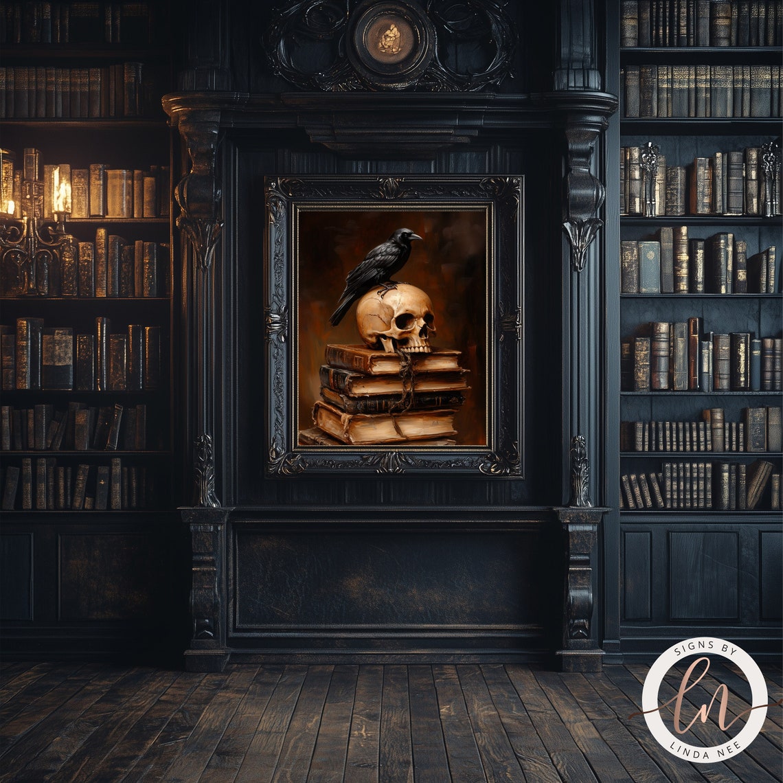 Gothic Raven and Skulls on Books, Dark Academia Library Wall Art Print ...