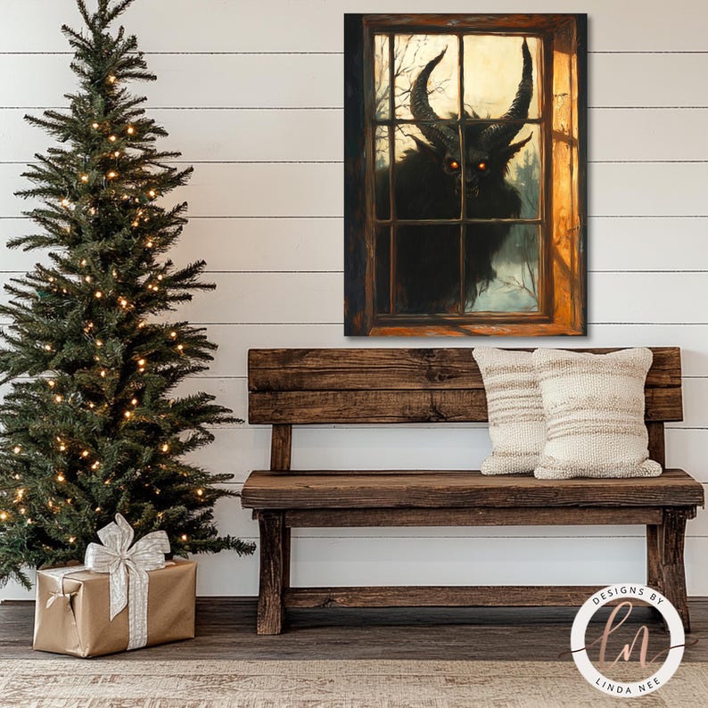 a bench with a christmas tree in front of it