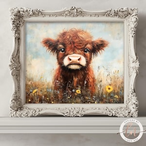 Rustic Farmhouse Highland Cow in Wildflowers Oil Painting, Vintage Cow Print, Country Nursery Decor, Antique Wildflowers, Landscape 6-SPR018
