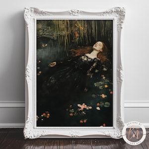 May include: A woman in a black dress with long red hair lies in a dark, murky pond. The water is filled with lily pads and flowers. The image is dark and moody, with a sense of mystery and intrigue.