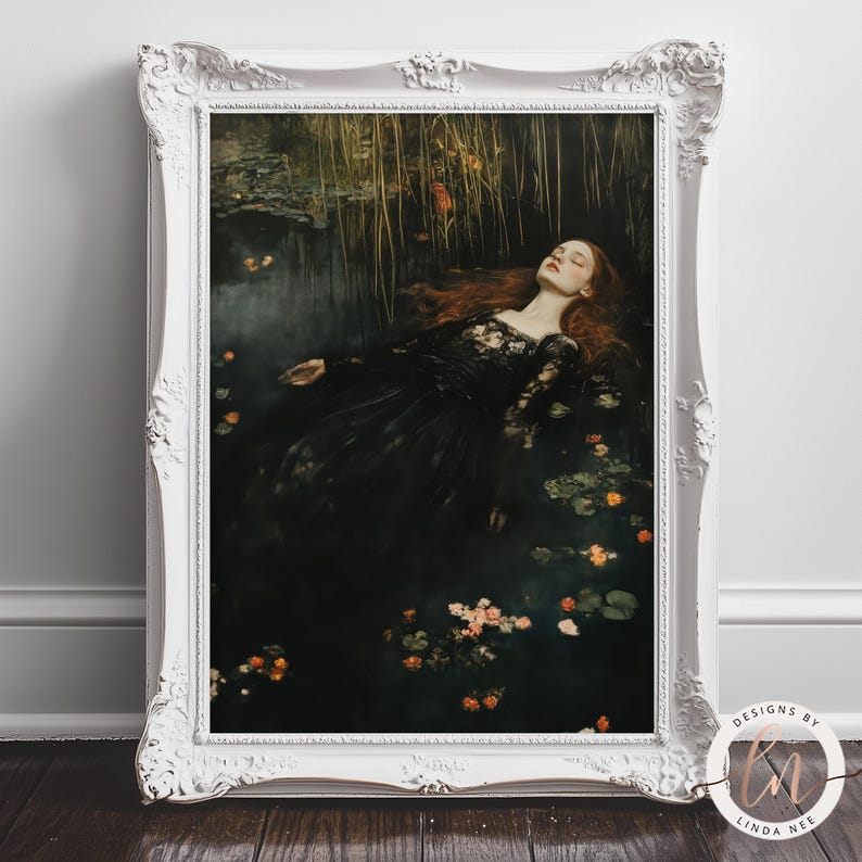 May include: A woman in a black dress with long red hair lies in a dark, murky pond. The water is filled with lily pads and flowers. The image is dark and moody, with a sense of mystery and intrigue.