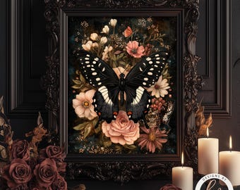 Schwarzer Schmetterling im dunklen Blumengarten Druck, Stimmungsvolles Vintage Poster, Schwarze Academia Malerei, Schwalbenschwanz Ölgemälde, Gothic Rosen 6-GOT093