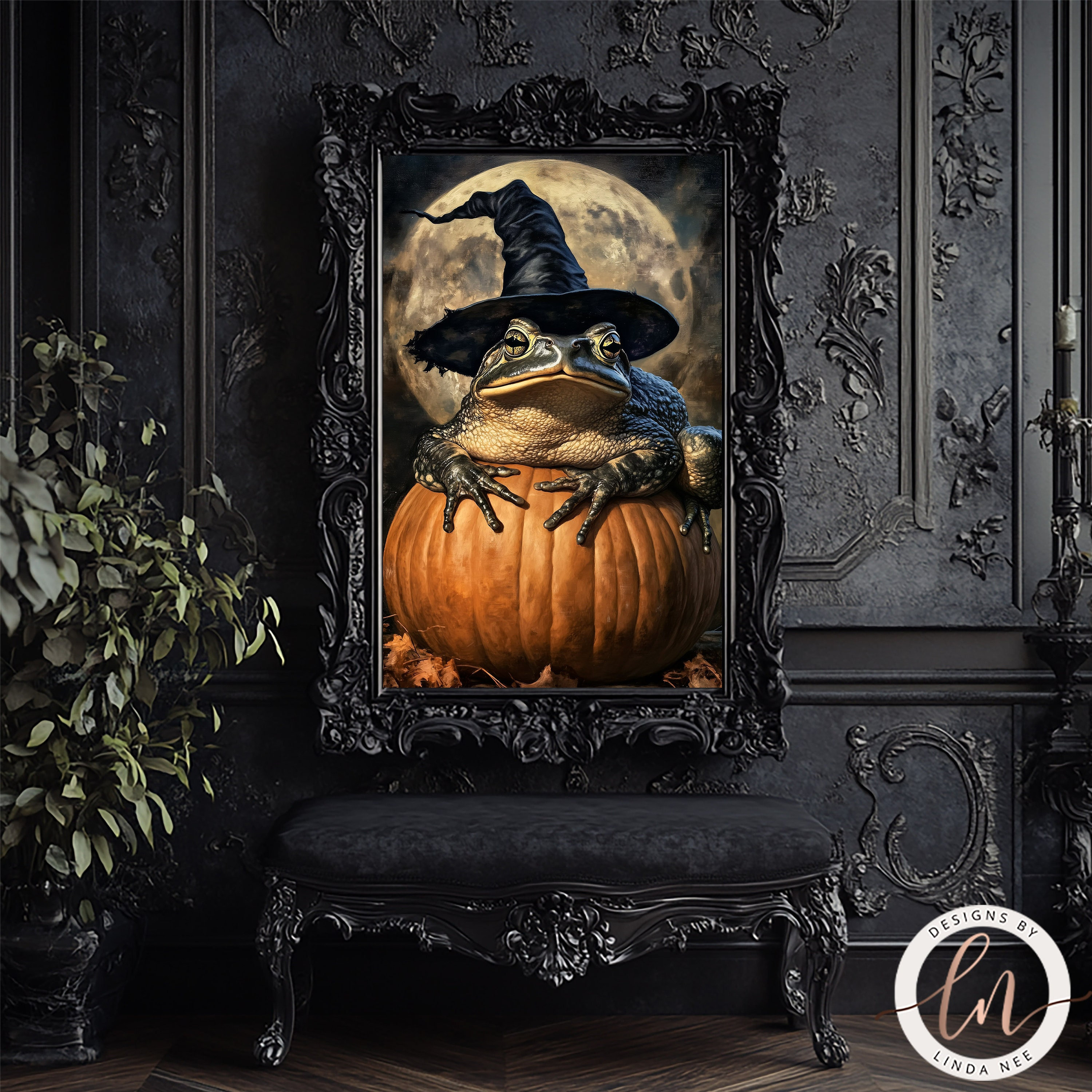 Halloween Toad Art Print, Samhain Pumpkin Holiday Dark Gothic Art, Halloween Wall Decor, Full Moon Night Sky, Magical Witchcraft 6-HAL009
