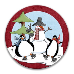 Christmas Wreath Sign, Snowman Decor, Penguin Christmas Wall Art, 8&quot; Xmas Decor, Round Holiday Wreath Supplies, Wreath Attachment X-XMS006