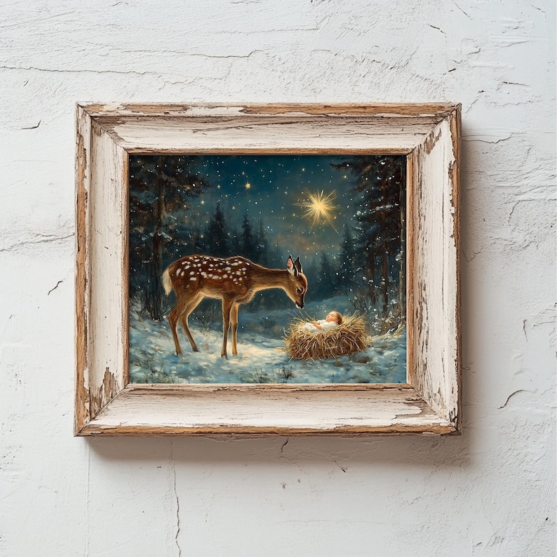 Baby Jesus and Deer Nativity Print, Religious Christmas Wall Art, Manger Scene, Nativity Painting, Christian Decor, Savior, Fawn 6-XMS103