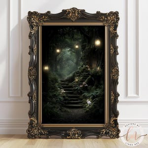a large, ornate frame with a painting of a forest scene inside it. The painting depicts a winding path leading through a lush, green forest, with a small rabbit visible in the distance. The frame is placed on a white wall, and the painting is the main focus of the image.