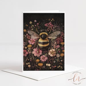 Bumblebee Greeting Card, Moody Wildflower Art, Dark Cottagecore Botanical, Blank Inside, 5x7 A7