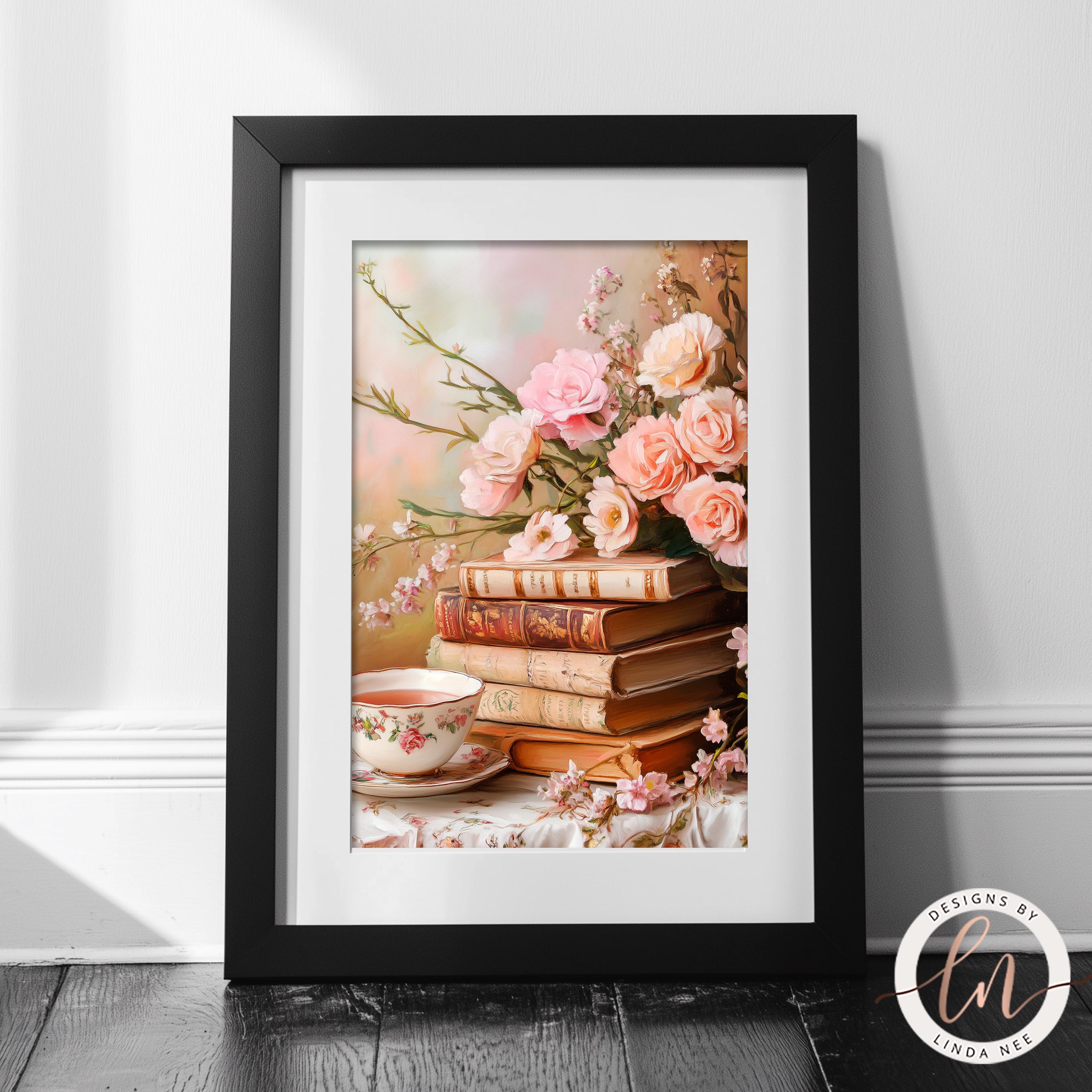 Spring Floral Stack of Books Print With Pink Roses, Romantic Jane