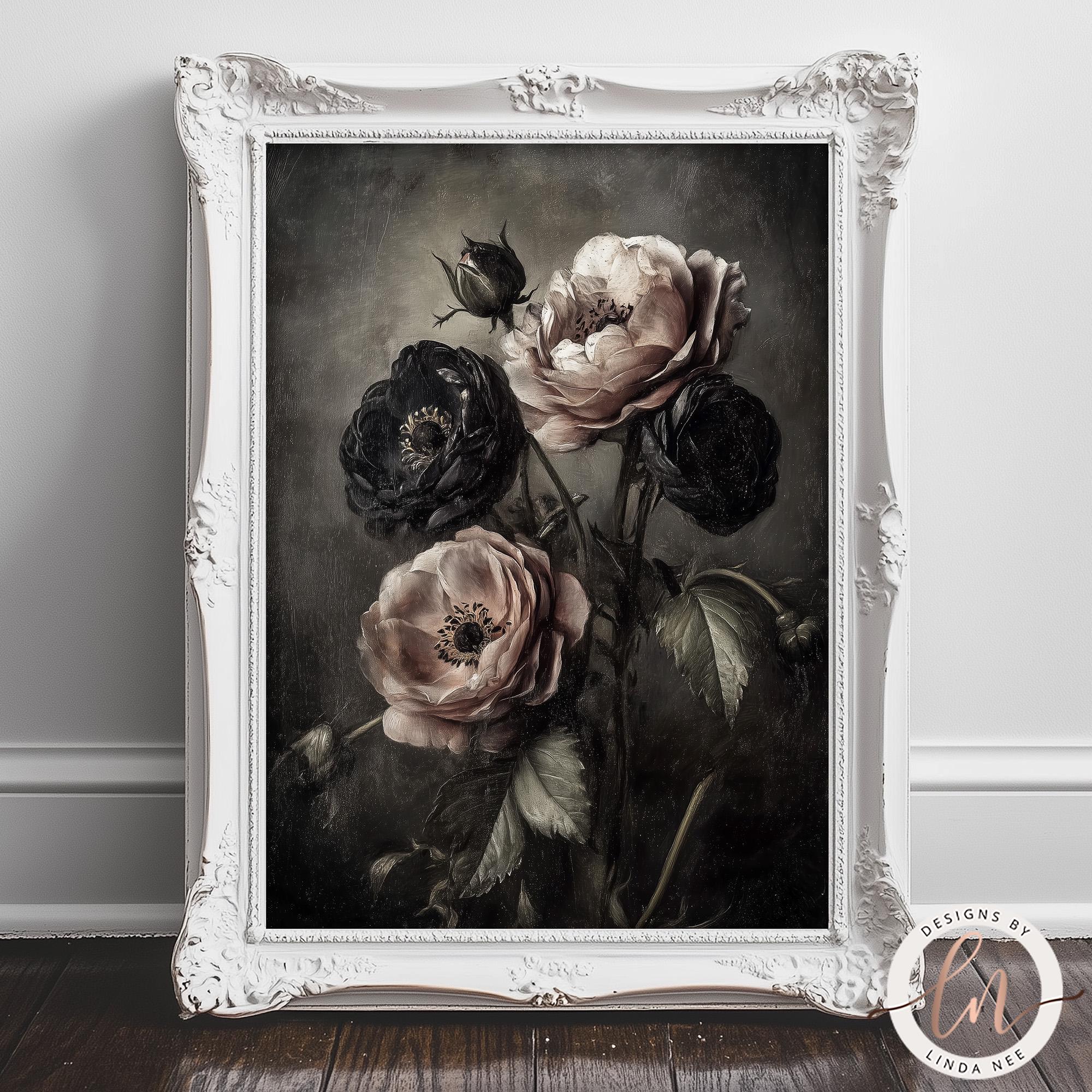 Dark Academia Floral Wall Art, Gothic Black Roses Print, Moody ...