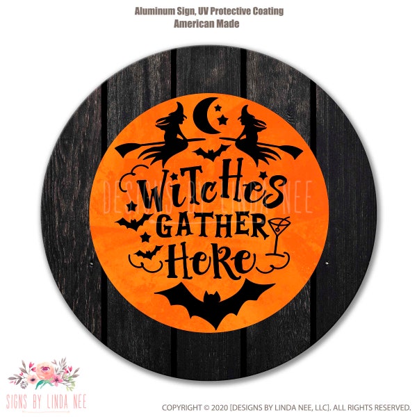 Hexen versammeln sich hier Halloween-Kranzschild, Hexenkranz-Schild, rustikales Holz rundes Haustürschild, Halloween-Dekor, Kranz-Verschönerung SHO250