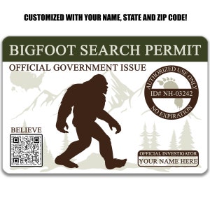 Permissão personalizada de pesquisa de Bigfoot, licença de tamanho de carteira de metal, licença de caça, presentes Sasquatch, entusiastas criptozoológicos 8-ANM030