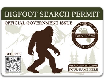 Personalized Bigfoot Search Permit, Metal Wallet Sized License, Hunting Permit, Sasquatch Gifts, Cryptozoological Enthusiasts 8-ANM030