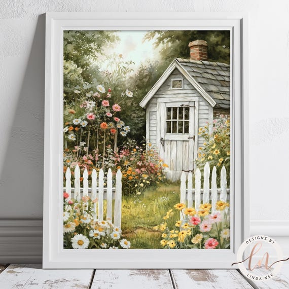 Vintage Cottage Garden Painting, Rustic Country Flower Garden Wall