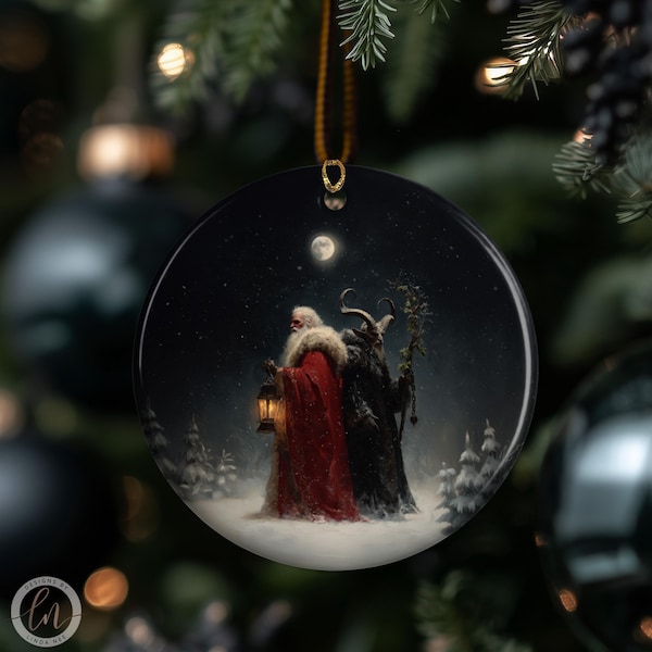 Santa And Krampus Ornament, Dark Christmas Yule Decor, Gothic Winter Gift