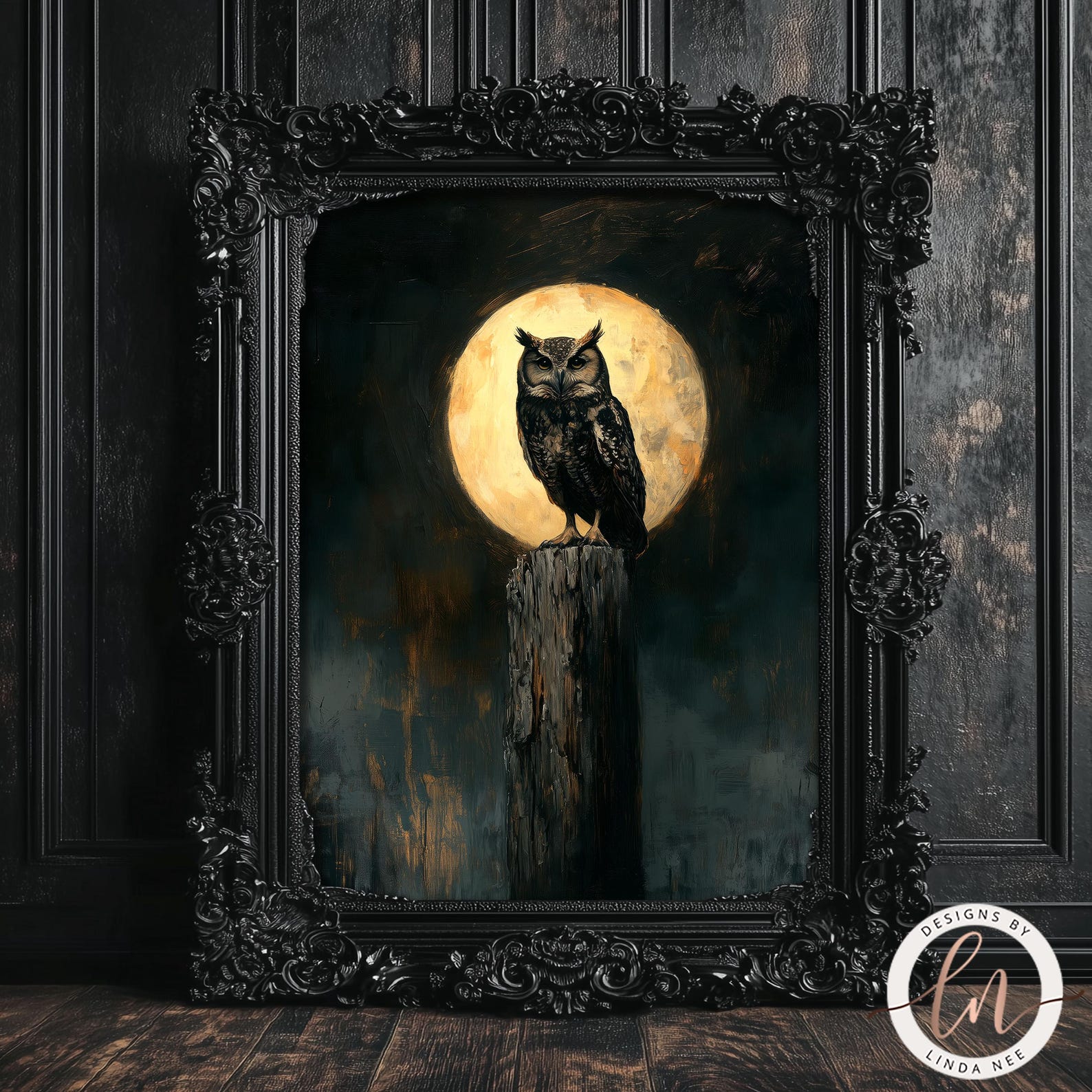 Gothic Owl Painting, Dark Academia Full Moon Owl Wall Art Print, Rustic ...