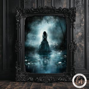 Impresión de mujer caminando hacia el lago Dark Academia, pintura victoriana melancólica, estética de decoración oscura, impresión gótica, póster de estilo vintage 6-GOT067